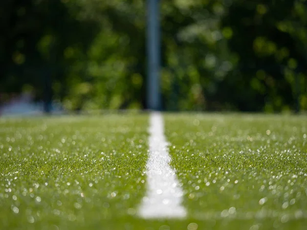 Linee Sul Campo Calcio Sfondo Sportivo Campo Erba Artificiale Verde — Foto Stock
