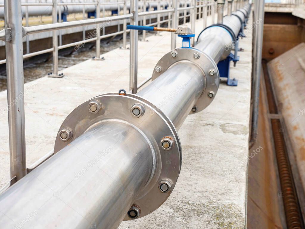 Stainless piping for high press air, wastewater tank in modern industrial wastewater  treatment plan in city