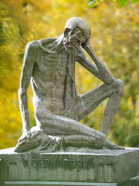 Statue Homme Triste Assis Sur Pierre Tombale Famille Octobre 2020 — Photo