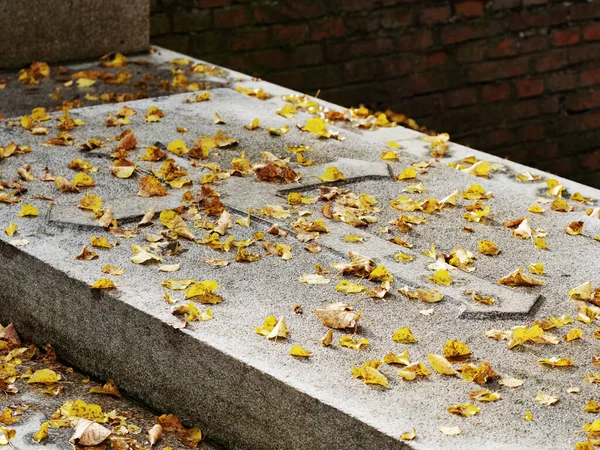 Sarı Kireç Ağacı Yapraklarıyla Kaplı Kalın Granit Bir Haç Mezarlıkta — Stok fotoğraf