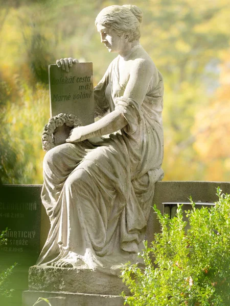 Vrouw Standbeeld Met Boek Handen Zit Bij Familie Grafsteen Vrouwelijke — Stockfoto