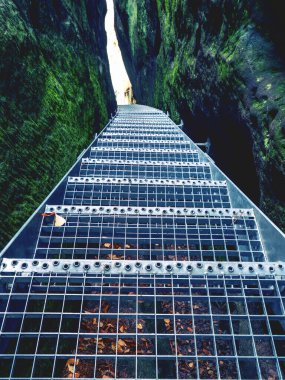 Yumuşak kumtaşlarının aşınmasını ve ölçeklenmesini önlemek için kayaların içindeki dik metal merdivenler. Kalenin tepesine çıkan merdiven dağ yürüyüşünü mahvediyor. 