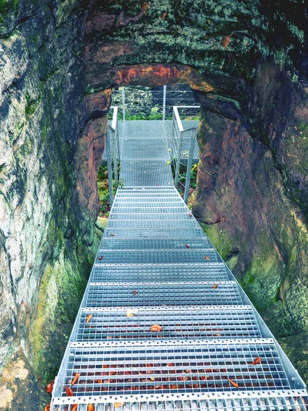 Steep Metal Stairs Construction Rocks Elimination Weathering Scaling Soft Sandstone — Stock Photo, Image