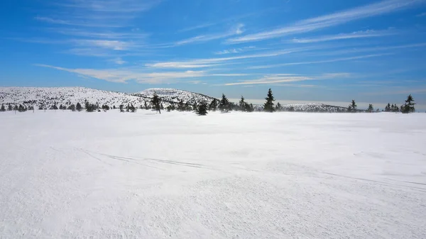 凍結氷雪のカバーと雪の山のピーク 素晴らしいフラット冬の風景 澄んだ青空 — ストック写真