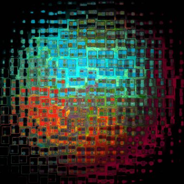 Gezegen ya da hücre gibi küre, cam kiremitlerin içinden su damlacıklarıyla görülüyor. İçinden, bulanık bokeh ve çok renkli noktalar geçiyor..