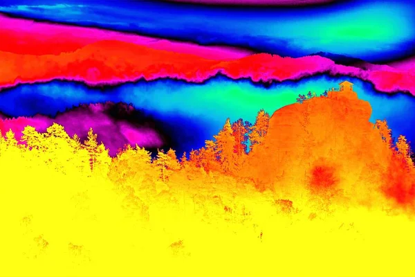 Reggeli Erdők Hegyek Napfényben Ködben Gammasugárzás Spektruma Szimulátorban — Stock Fotó