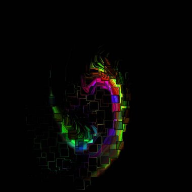 Renkli dijital patlama. Rengarenk kum taneleri uçar ve daireler oluşturur..