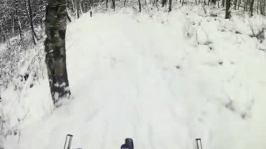 POV gecesi ormanda bisiklet parkurunda. İnce bisiklet yolu olan kaygan bir arazi. Ağır kamera sallanıyor.