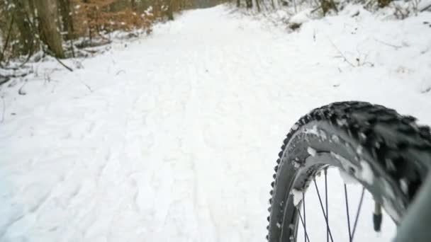 Mtb Bersepeda Dalam Hari Musim Dingin Yang Gelap Jalan Bersalju — Stok Video