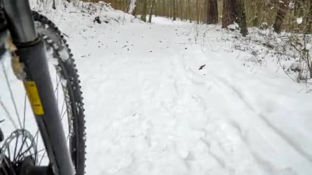 Mira Rueda Delantera Bicicleta Nieve Detallada Vista Extrema Del Tobillo — Vídeo de stock