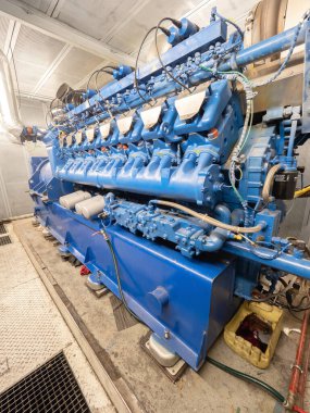 Biyogaz kojenerasyon ünitesinin motor bloğu. Atık biyogaz yanması ve elektrik üretimi.