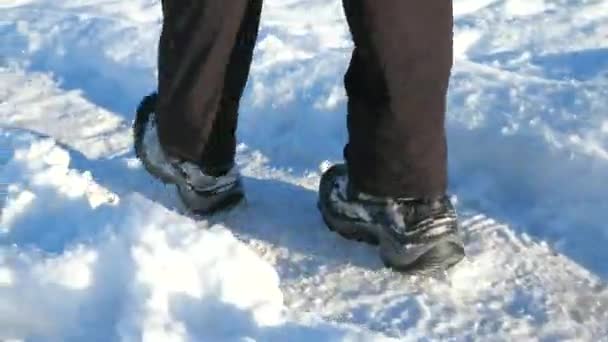 冬の雪の中で男性の高い防水ブーツ 男の子は濃い粒色の柔らかいシェルパンツを着用してください 足跡と一緒に雪のドリフトで歩く — ストック動画