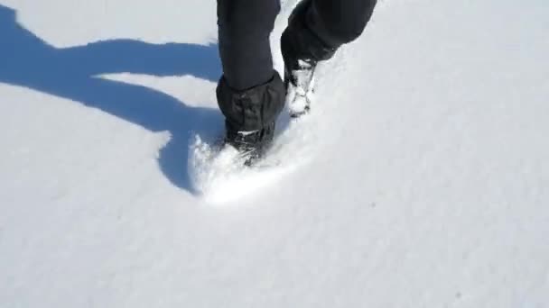 详细的冰上溜冰男子腿黑色腿与曲棍球冰鞋 湖上的户外滑冰 慢动作 — 图库视频影像
