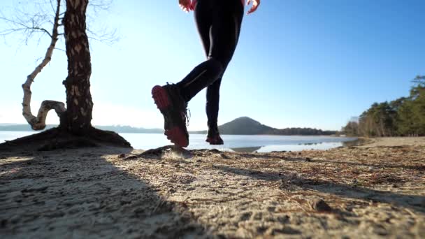 Fit Mannelijke Loper Training Ochtend Zomerstrand Tegen Prachtige Dageraad Hemel — Stockvideo