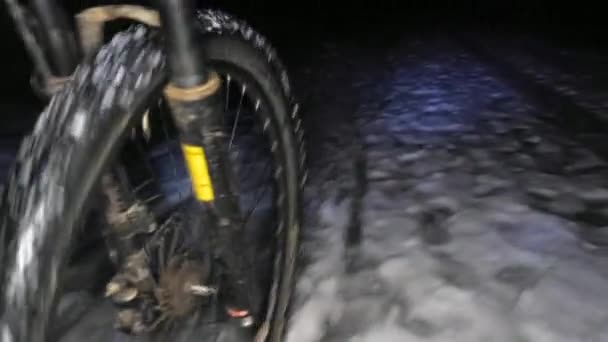 Low View Front Wheel Mtb Riding Night Snowy Landscape — Stock Video