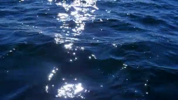 太陽の下で青い水の表面 波浪中の詳細なぼやけた太陽光線 — ストック動画