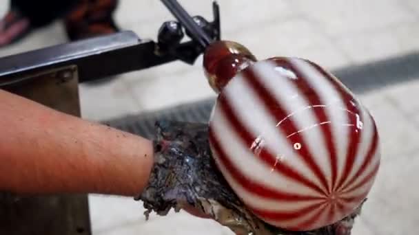 Kunstenaar Strijkt Vormt Een Glazen Bal Met Een Bundel Natte — Stockvideo