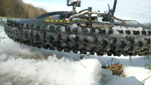 Rueda Trasera Una Bicicleta Gorda Gira Nieve Corto Viaje Una — Vídeo de stock