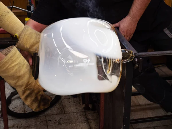 Glassblower Forming Big White Bowl Semi Product Manual Shaping Hot — Stock Photo, Image