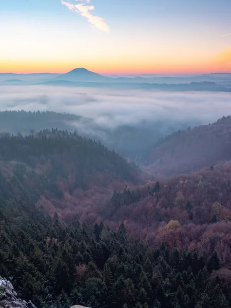 純粋な自然の風景の上にオレンジの霧 丘陵地帯でロマンチックな朝 — ストック写真