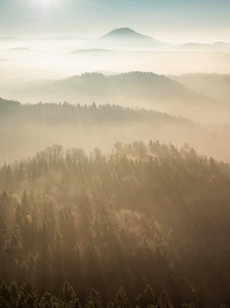 Beautiful Misty Sunset Hilly Landscape Nature Travel Adventure Concept — Stock Photo, Image