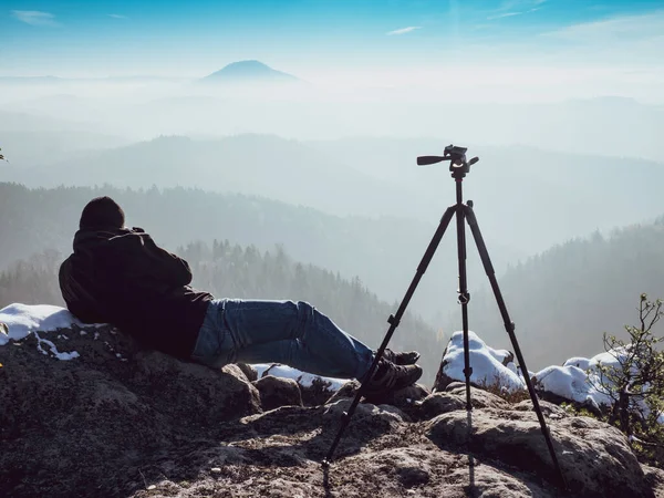 Photographer Lays Snow Shooting Picturesque Winter Landscape Artist Framing Composition — Stock Photo, Image