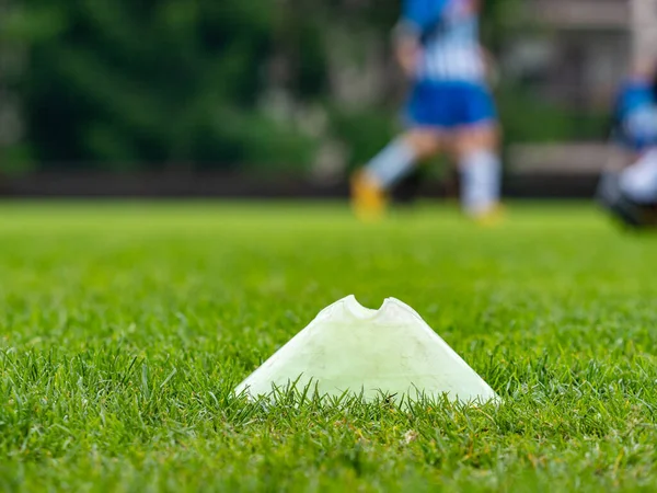 Sport Plastic Training Marker Grass Training Venue Players Running Blurred — Stock Photo, Image