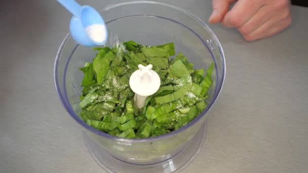 Přidání Soli Mixéru Příprava Zdravé Medvědí Česnekové Pesto Omáčky Kuchyni — Stock video