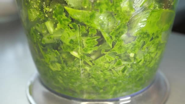 Proceso Hacer Salsa Pesto Una Licuadora Ajo Sal Aceite Albahaca — Vídeos de Stock