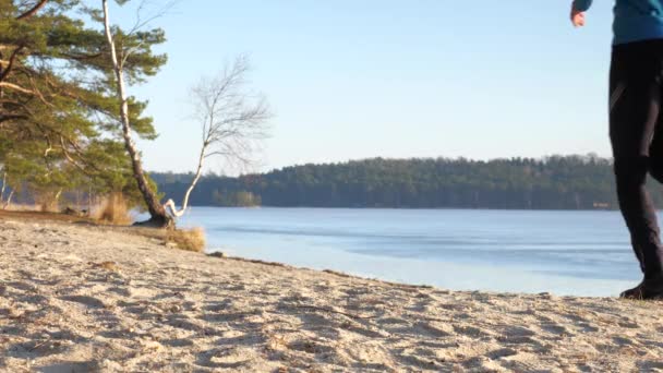 Kapuzenläufer Laufen Sandstrand Zugefrorenen Teich — Stockvideo