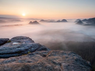 Misty Elbe Valley Sandstone Dağları ya da Foggy Saxon İsviçre. Kum taşı blokları arasındaki popüler turistik durak.