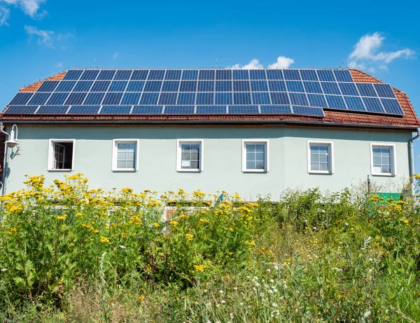 Solar Electric Panels Installed Red Tiled Roof House Europe Modern — Stock Photo, Image