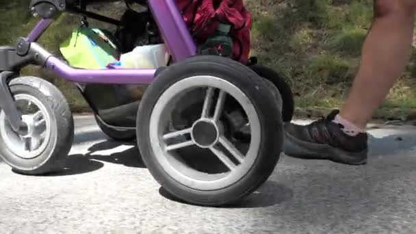 在森林的沥青路面上行走时 婴儿车和母脚的后轮转动 — 图库视频影像