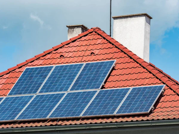 Solar Electric Panels Installed Red Tiled Roof House Europe Modern — Stock Photo, Image