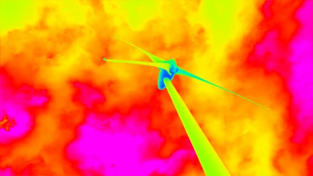 黄紫色の空に対する代替エネルギージェネレータと生態緑の脳の風景 風車発電所のコンピュータ発電生態系 — ストック動画