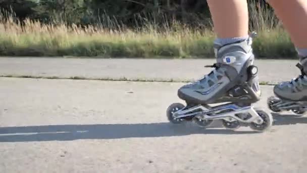 Gray Roller Skates Female Legs Sportive Girl Close Abandoned Airport — Stock Video
