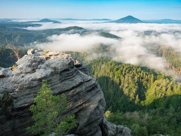 Morning View Misty Swiss Bohemian Landscape Sunrise Morning Mist Fog — Stock Photo, Image