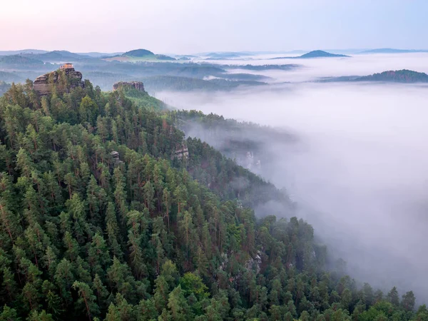 Morning View Misty Swiss Bohemian Landscape Sunrise Morning Mist Fog — Stock Photo, Image