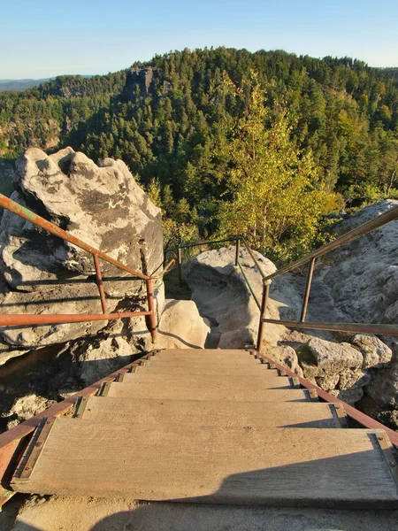 Ironie hölzerne Leiter mit gebogenem Stahlgeländer im touristischen Weg zum Aussichtspunkt. Abgenutzte Holzstufen mit hellem Sand und orangefarbenen Blättern bedeckt. — Stockfoto