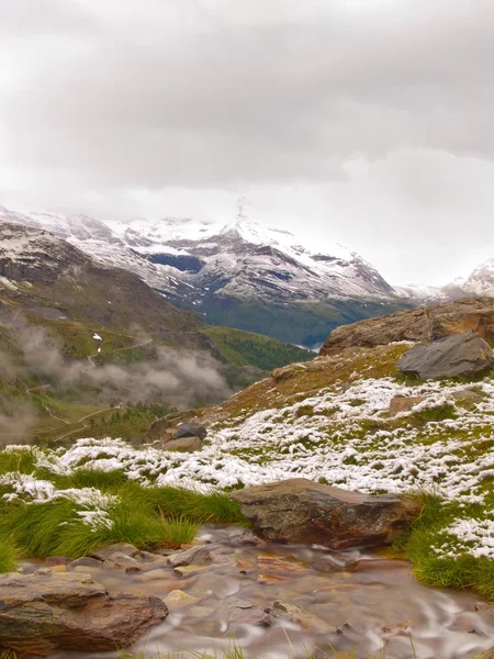 Eerste sneeuw in de Alpen toeristische regio. verse groene weide met stroomversnellingen stream. toppen van Alpen bergen in de achtergrond. schuimend water loopt naar beneden over slipper stenen in besneeuwde groene weide. — Stockfoto