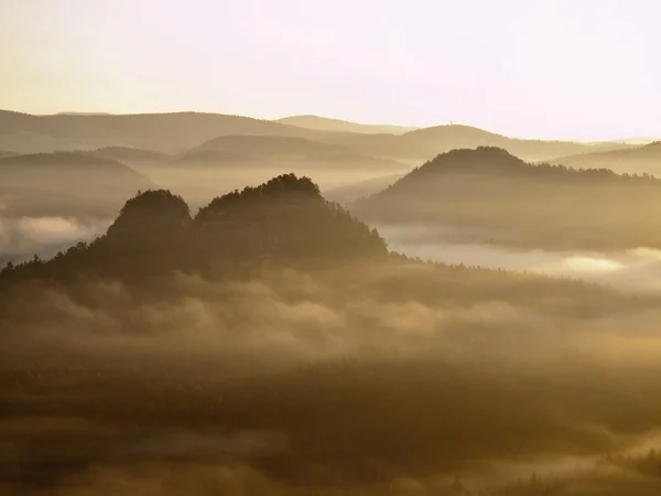 Paesaggio nebbioso da sogno. Valle profonda è piena di nebbia colorata e colline rocciose sono attaccare fino al sole. Magnifica mattina d'autunno . — Foto Stock