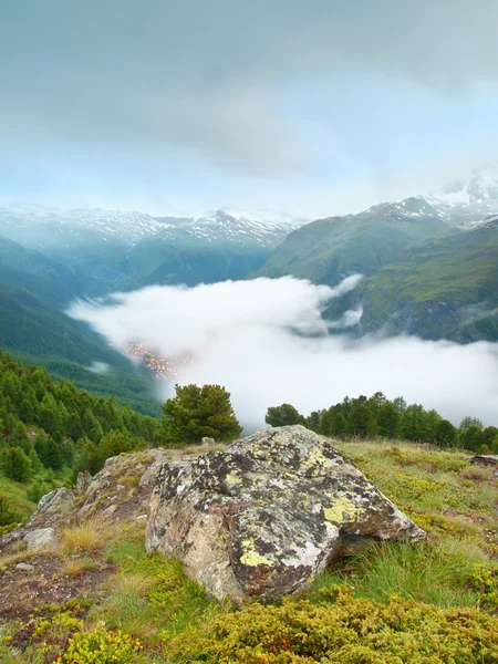 Fresh green meadow and misty peaks of Alps mountains in background. — Stock Photo, Image