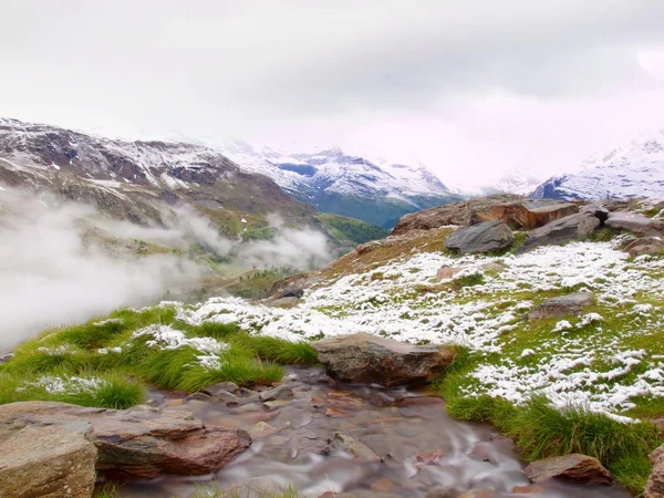 First snow in Alps touristic region. Fresh green meadow with rapids stream. Peaks of Alps mountains in background. Foamy water is running down over slipper stones in snowy green meadow. — Stock Photo, Image