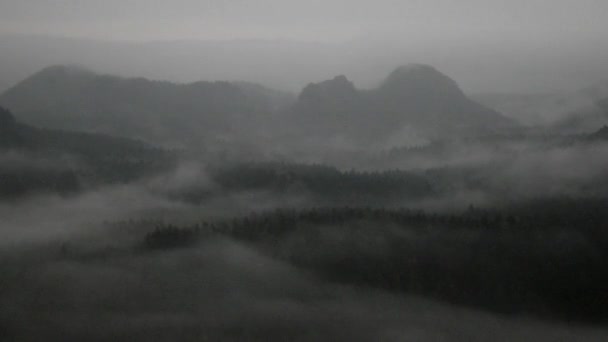 Κρύα ομιχλώδη νύχτα σε μια κοιλάδα πτώση της Σαξονίας Ελβετία πάρκο. λόφους που αυξήθηκε από το σκοτάδι. — Αρχείο Βίντεο