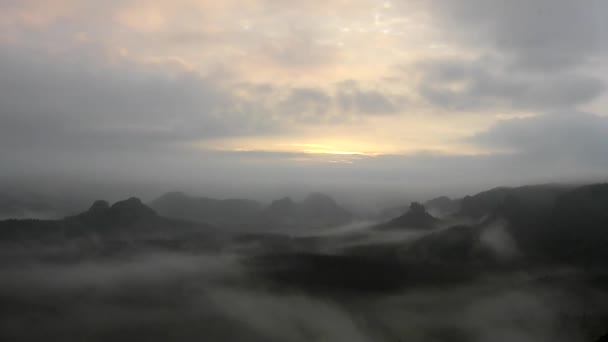 Mañana melancólica brumosa. Vista sobre el abedul al valle profundo lleno de niebla pesada. Paisaje otoñal al amanecer después de la noche lluviosa . — Vídeos de Stock