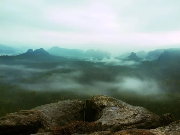 Paesaggio nebbioso da sogno. Valle profonda è piena di nebbia colorata e colline rocciose sono attaccare fino al sole . — Foto Stock