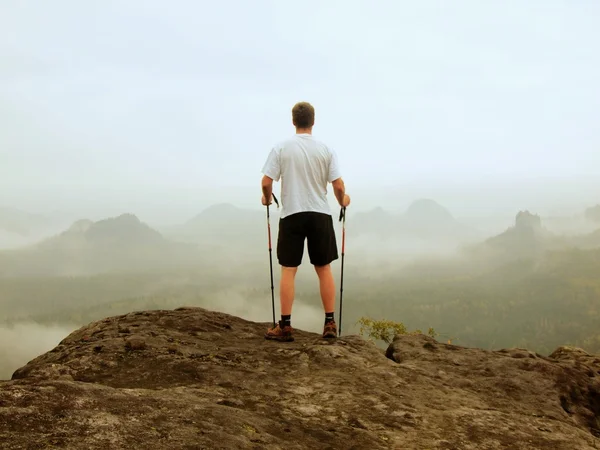 Turista com pólos está de pé no ponto de vista rochoso e assistindo em paisagem manhã nebulosa. Parque nacional do império do rock, manhã melancólica do outono . — Fotografia de Stock