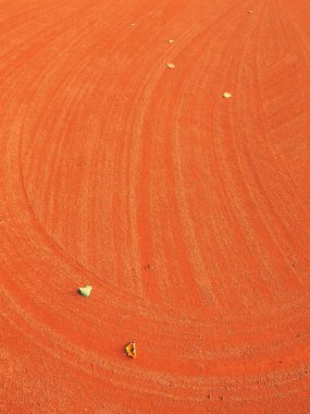 Kuru yaprak bir Tenis Kortu. Kuru ışık kırmızı tuğla yüzeyi açık tenis yerde ezilmiş. Sezon sonu.