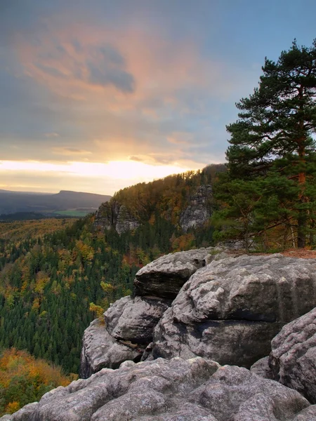 Sonbahar günbatımı bohem İsviçre renkli Vadisi düşmeye kumtaşı kayaların üzerinden görüntüleyin. Kumtaşı tepeler ve tepeler renkli arka plan arttı.