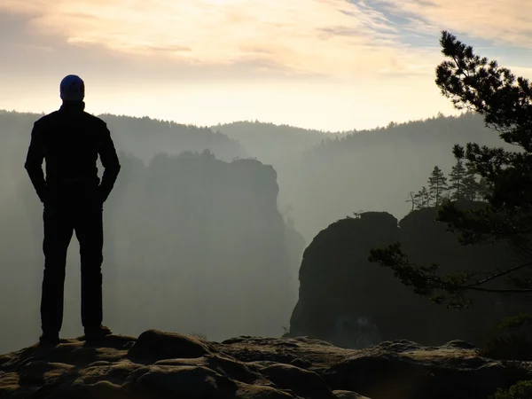 Sportsman è in piedi sulla cima di roccia arenaria nel parco imperi rocciosi e guardando sopra la nebbiosa e nebbiosa valle del mattino al sole. Bellissimo momento il miracolo della natura — Foto Stock